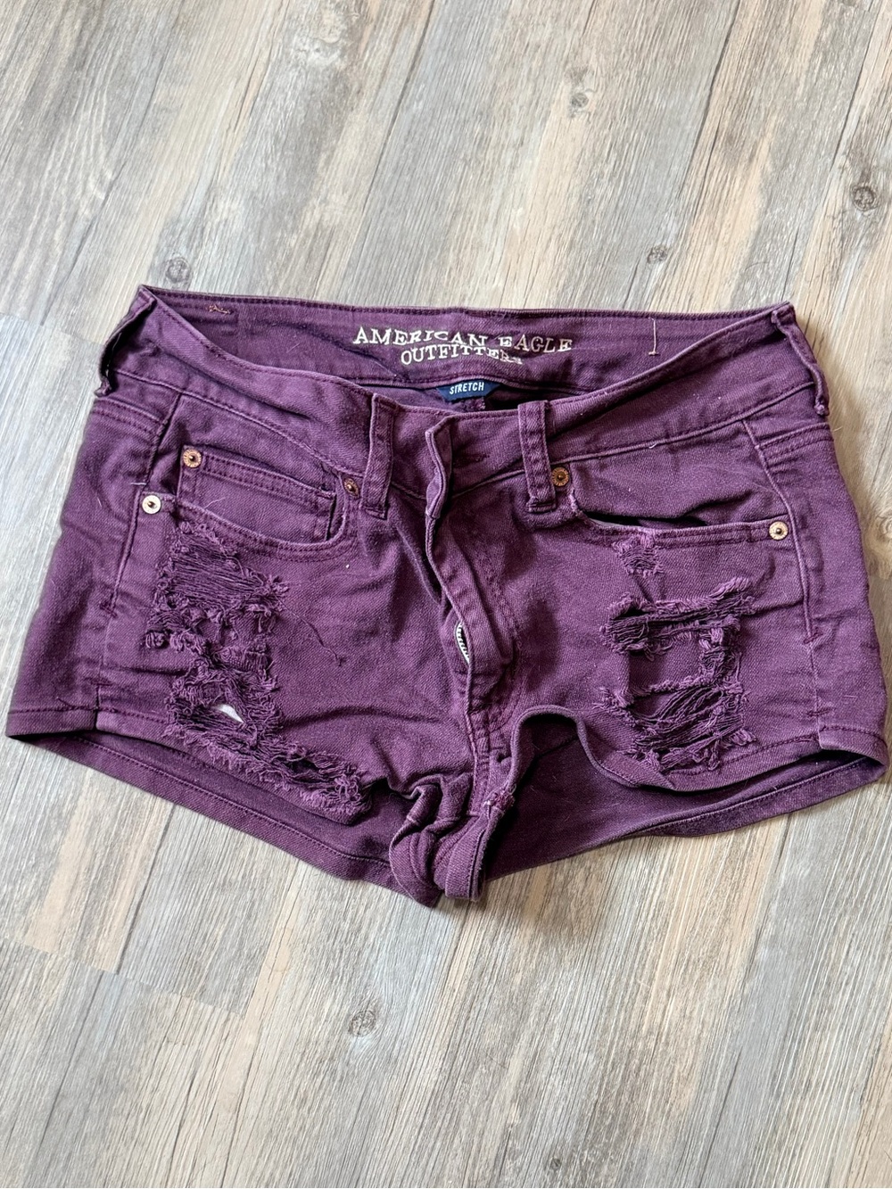 American Eagle Outfitters Distressed Maroon/Burgundy Denim Shortie Shorts